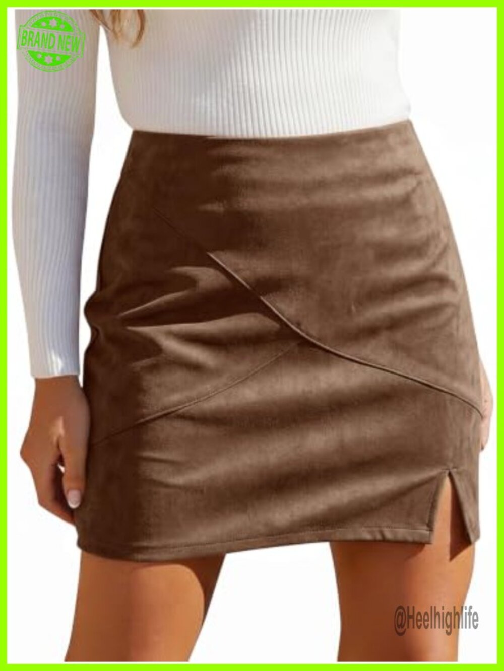 Faux Suede High Waisted Mini Skirt Straight Slit Work Weekend